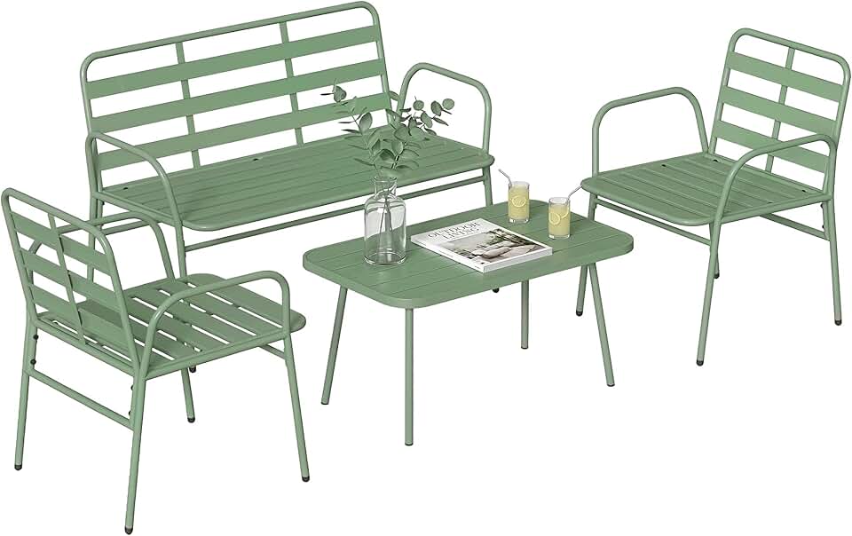 etezen - Salon de jardin 4 pièces - acier vert - canapé et fauteuils