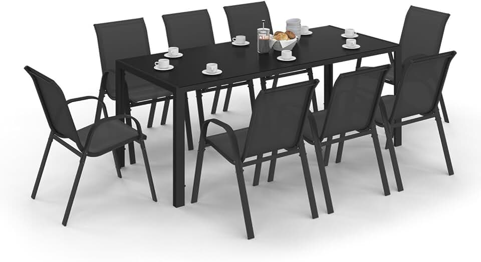 etezen - Madrid salon jardin, table 190cm, 8 chaises empilables noires