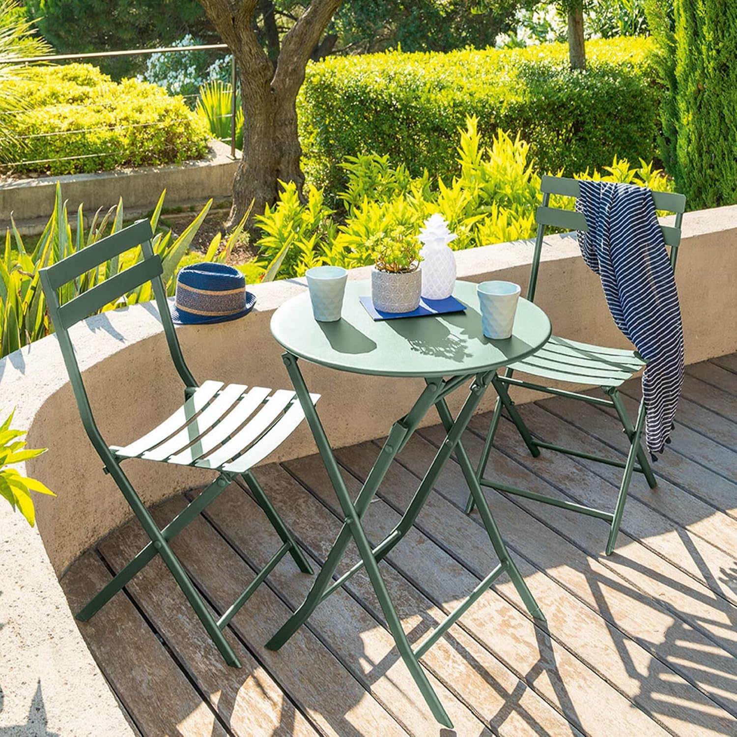 etezen - Greensboro - Ø60 cm - Table de jardin pliante acier vert 2 places