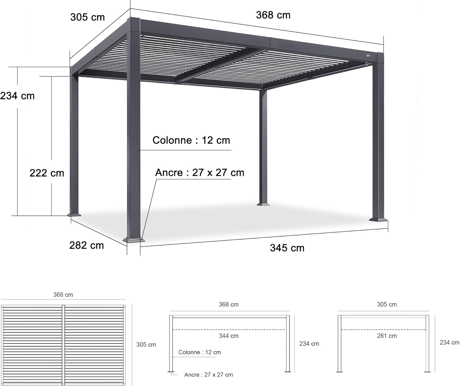 etezen - Pergola bioclimatique - 3 x 3,65 m - aluminium, lames orientables, LED, imperméable