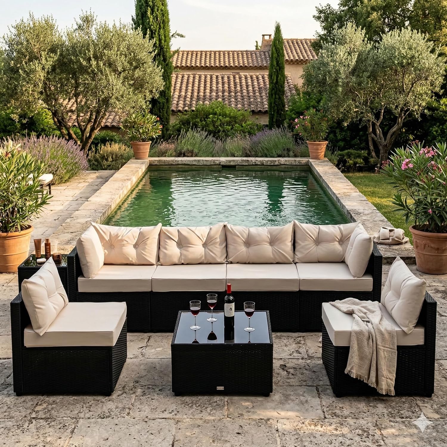 etezen - NACULA - Salon de jardin 5 places, résine tressée, coussins beige, table basse verre, extérieur