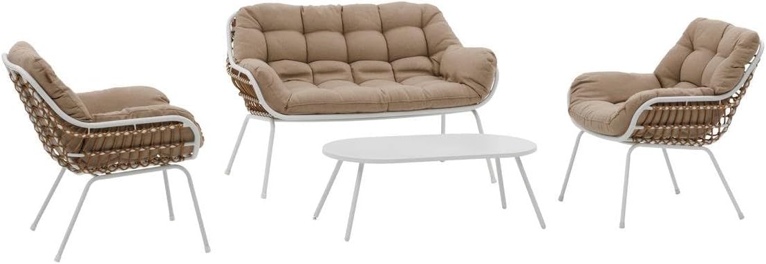 etezen - Paopao Salon de Jardin - 4 places - acier epoxy, pieds ajustables - Blanc et Beige