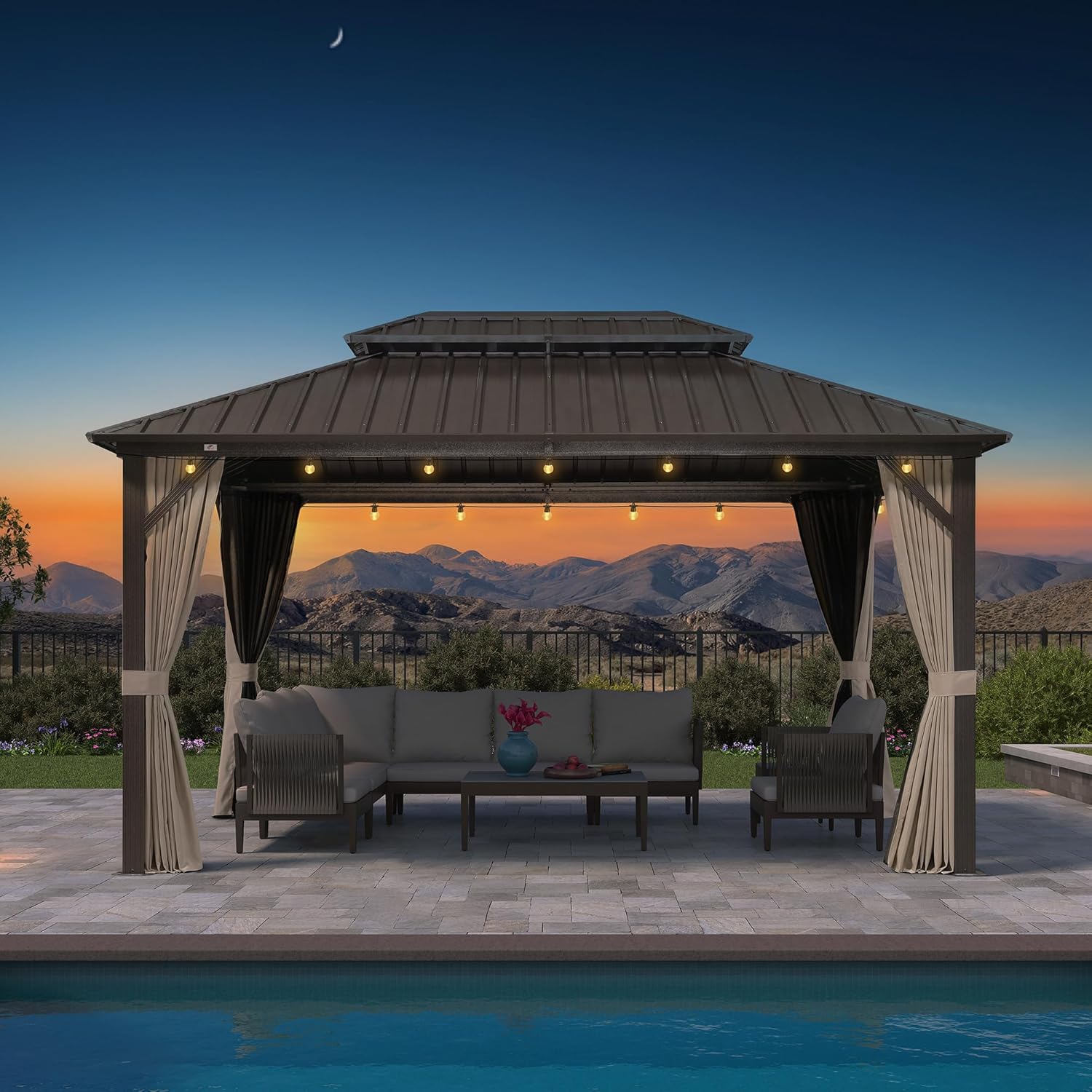 etezen - Pergola toit rigide - 4,25x3m - acier, aluminium, guirlande