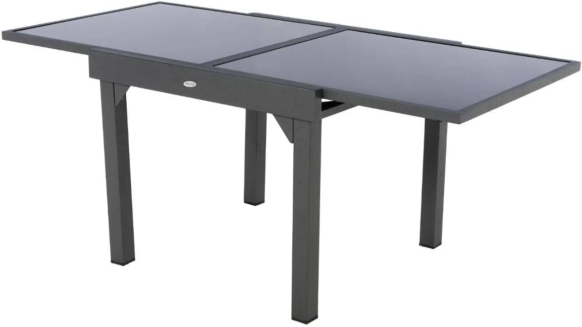 etezen - Table Piazza Gris Graphite extensible 8 places - Aluminium anti-rouille, verre trempé, rallonge coulissante.
