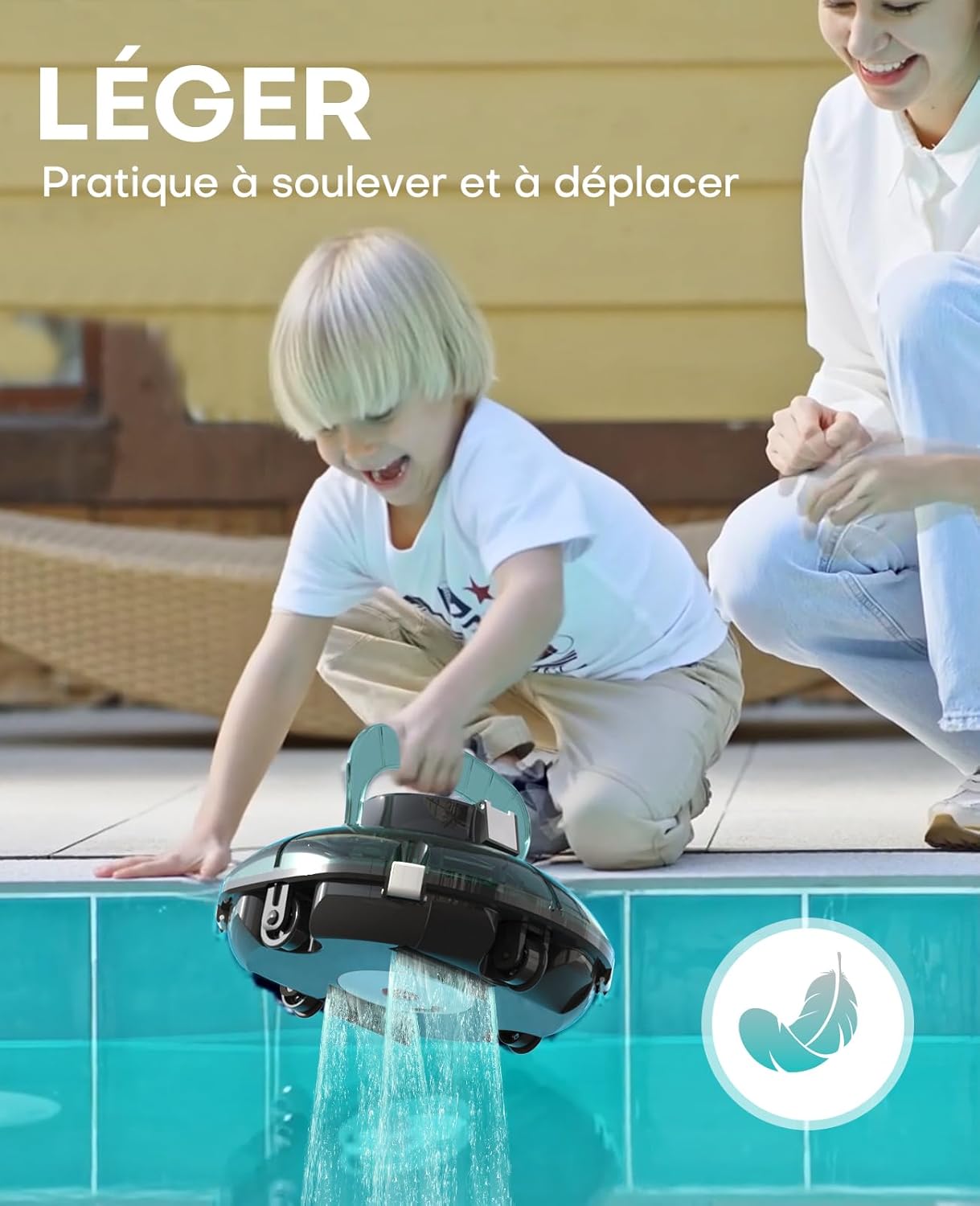 etezen Winny 200 Robot Piscine, Aspirateur Piscine Sans Fil Avec Batterie, Autonomie 75 Min pour Piscines Hors-Sol 60m², Double Filtration,Stationnement Automatique(Transparent Vert Blanc)