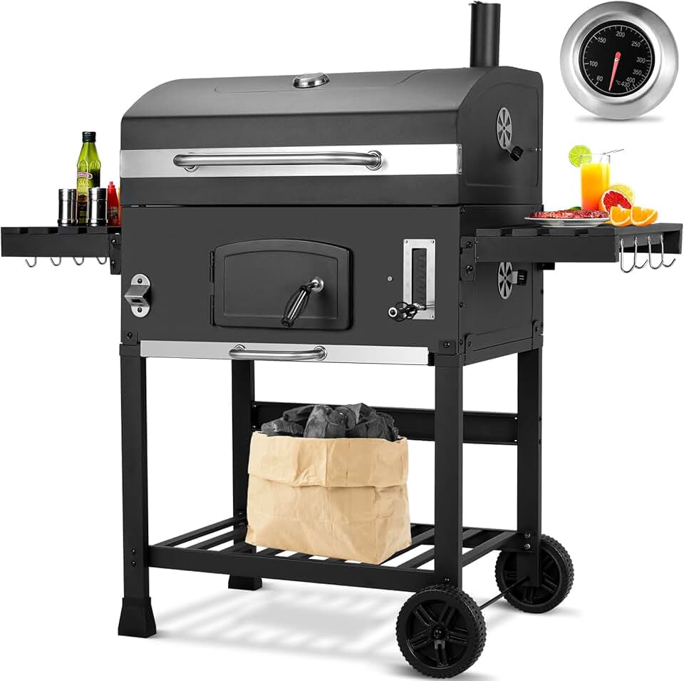 etezen - Barbecue XXL, charbon, chariot, couvercle, thermomètre, fumoir, hauteur réglable