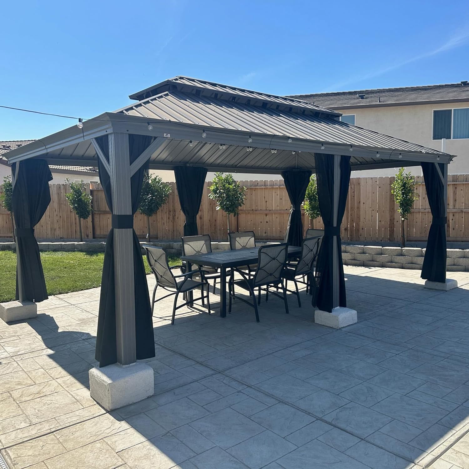 etezen - Pergola double toit aluminium 3,65x6m rideaux LED, Gris -