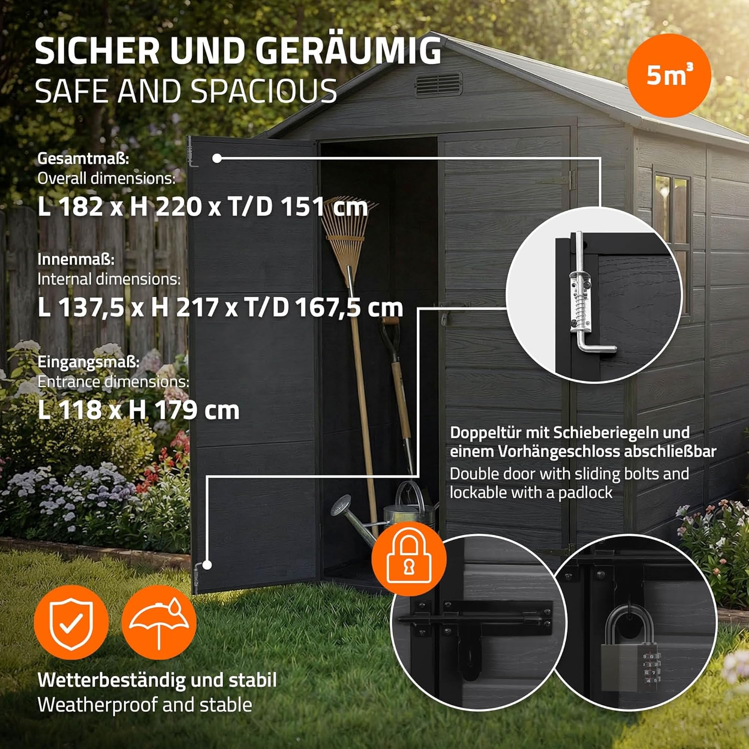 etezen - Abri de jardin résine 151x182x220 cm double porte, 5m³, fenêtre, ventilation