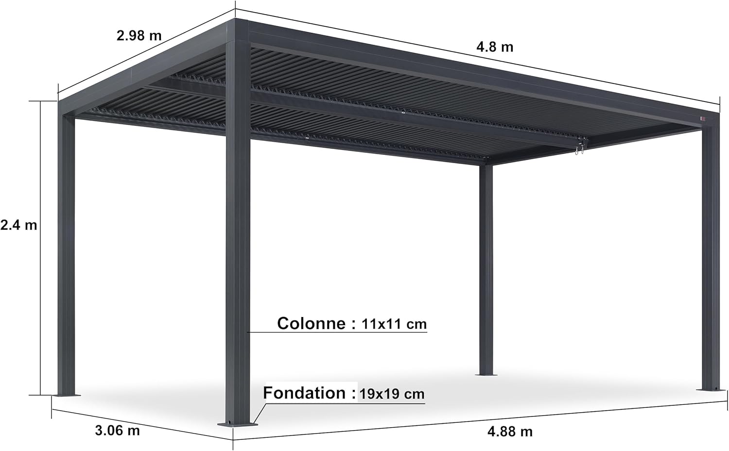 etezen - Pergola aluminium bioclimatique 4,8x3m, lames orientables, persiennes fixes, gris