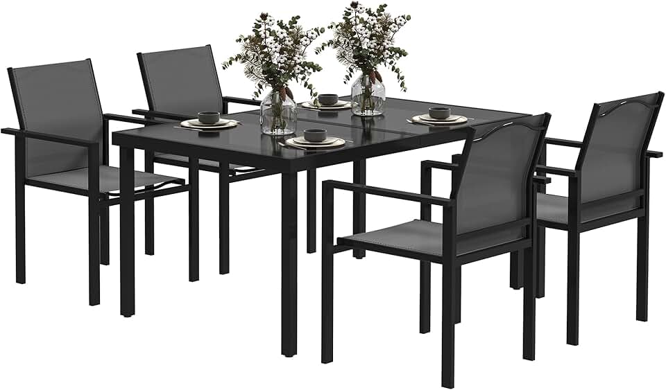 etezen - salon de jardin extérieur 4 places - table verre 140 cm, chaises empilables, noir