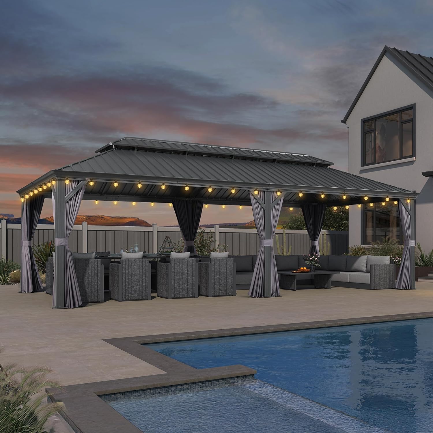 etezen - Pergola série extérieure - 8,5x4,25m - alu, LED, rideaux, moustiquaires, gouttière