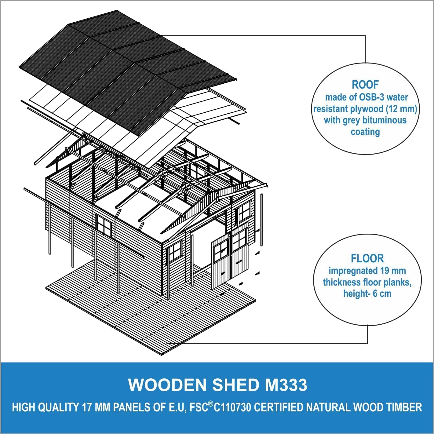 Abri de Jardin en Bois Exterieur avec Les PLANCHERS IMPRÉGNÉ- Maison de Jardin en Pin/épicéa-H246x418x522 cm/20 m²-Construction de Panneaux- Rangement pour vélos, Remise à Outils-etezen M333 +M333G