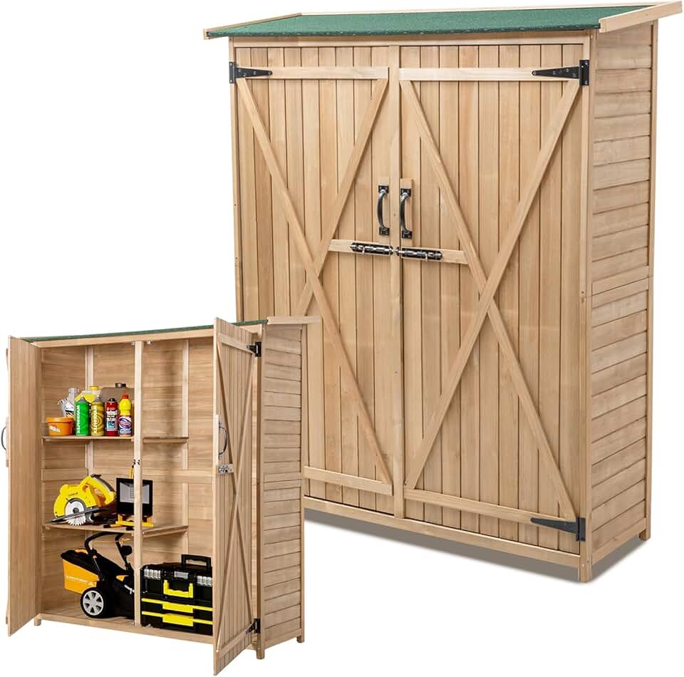 etezen Abri de Jardin en Bois 140x50x162 cm, Abri à Outils avec Toit en Asphalte Incliné, Portes et Étagères Double Fermeture, Meuble de Rangement pour Extérieur Arrière-Cour Patio Pelouse