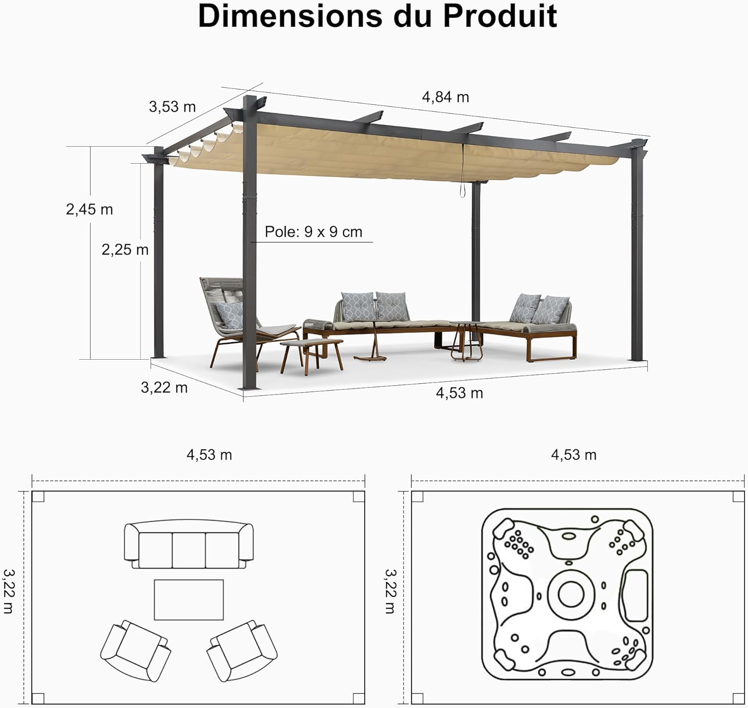 etezen - Pergola aluminium série - 4,8x3,5m - toit coulissant, tissu teint fil, kaki
