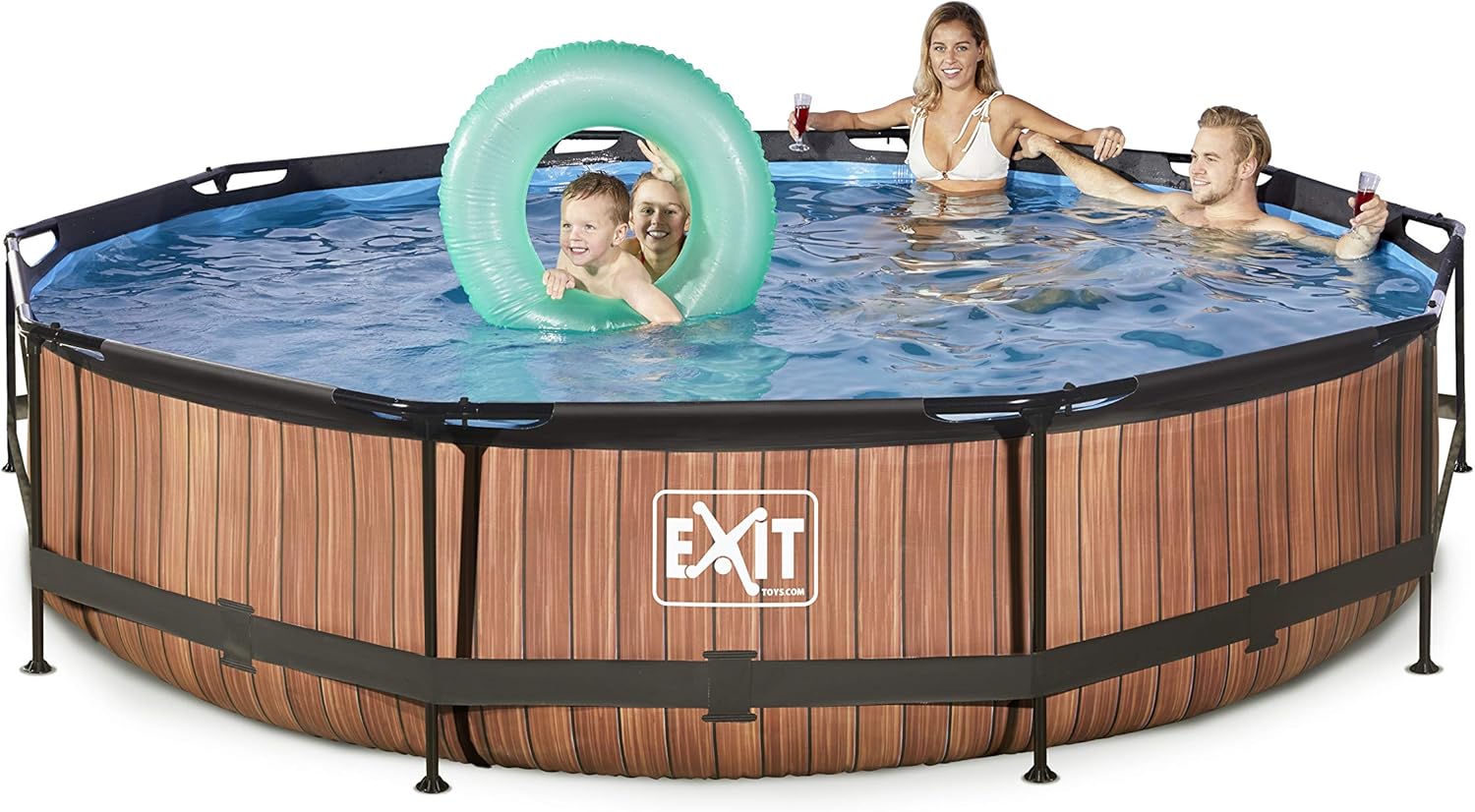 etezen Piscine Tubulaire Wood - ø360x76cm - Piscine Hors Sol Ronde Grande avec Pompe Filtrante à Cartouche - Entrée Basse - Idéal pour Les Jeunes Enfants - Cadre Stable - Design Unique - Marron