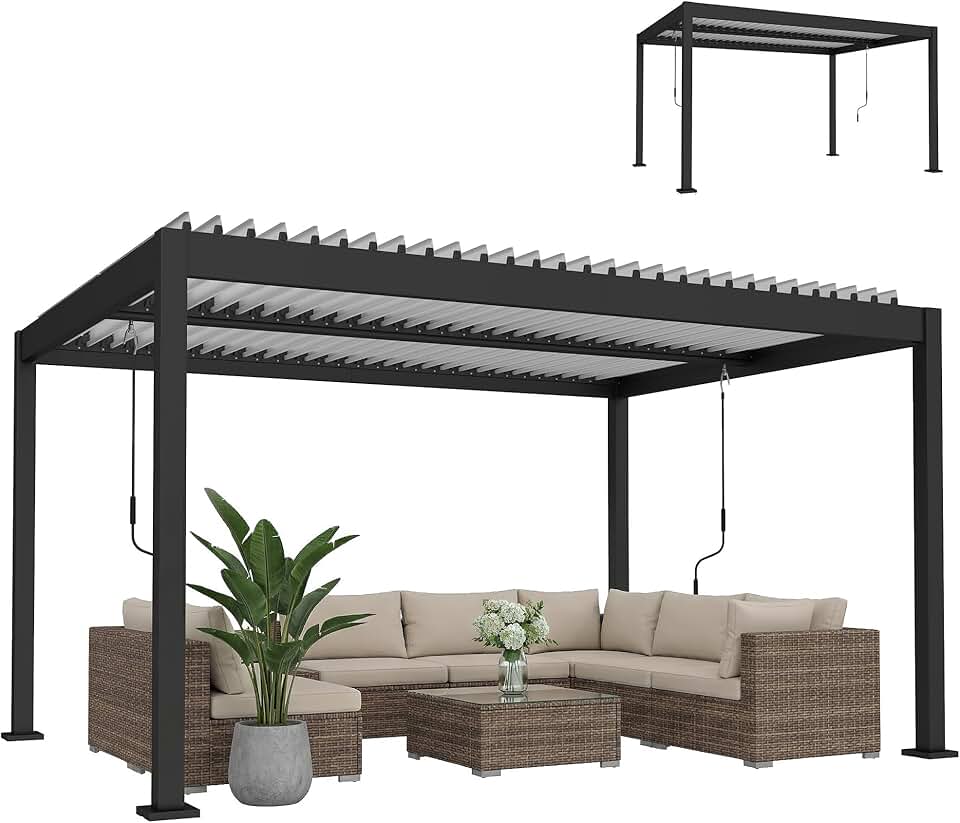 etezen - Pergola Bioclimatique - 4x3m - alu blanc, toit lames orientables, manivelle