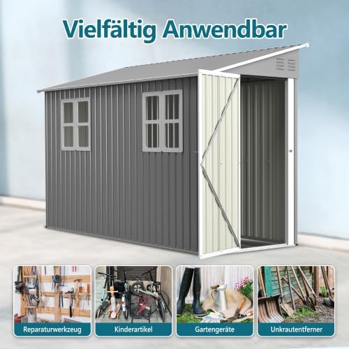 Abri en métal de 4 x 10 pieds avec kit de sol, toit en appentis avec double porte et 2 fenêtres, abri stable pour jardin, terrasse, cour, environ 1,2 x 3 m, gris
