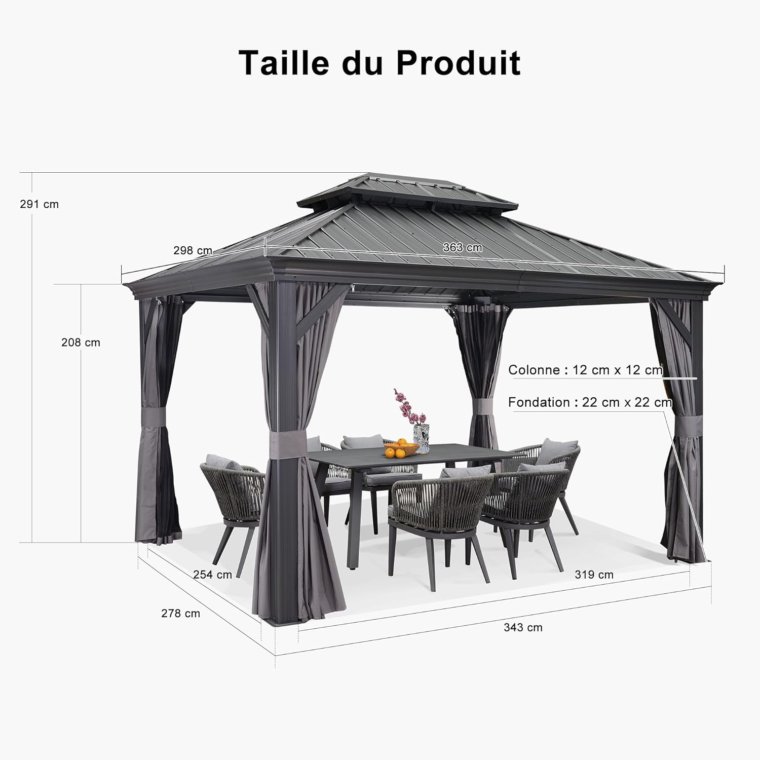 etezen - tonnelle aluminium 4x3m, éclairage intégré, rideaux, gouttière