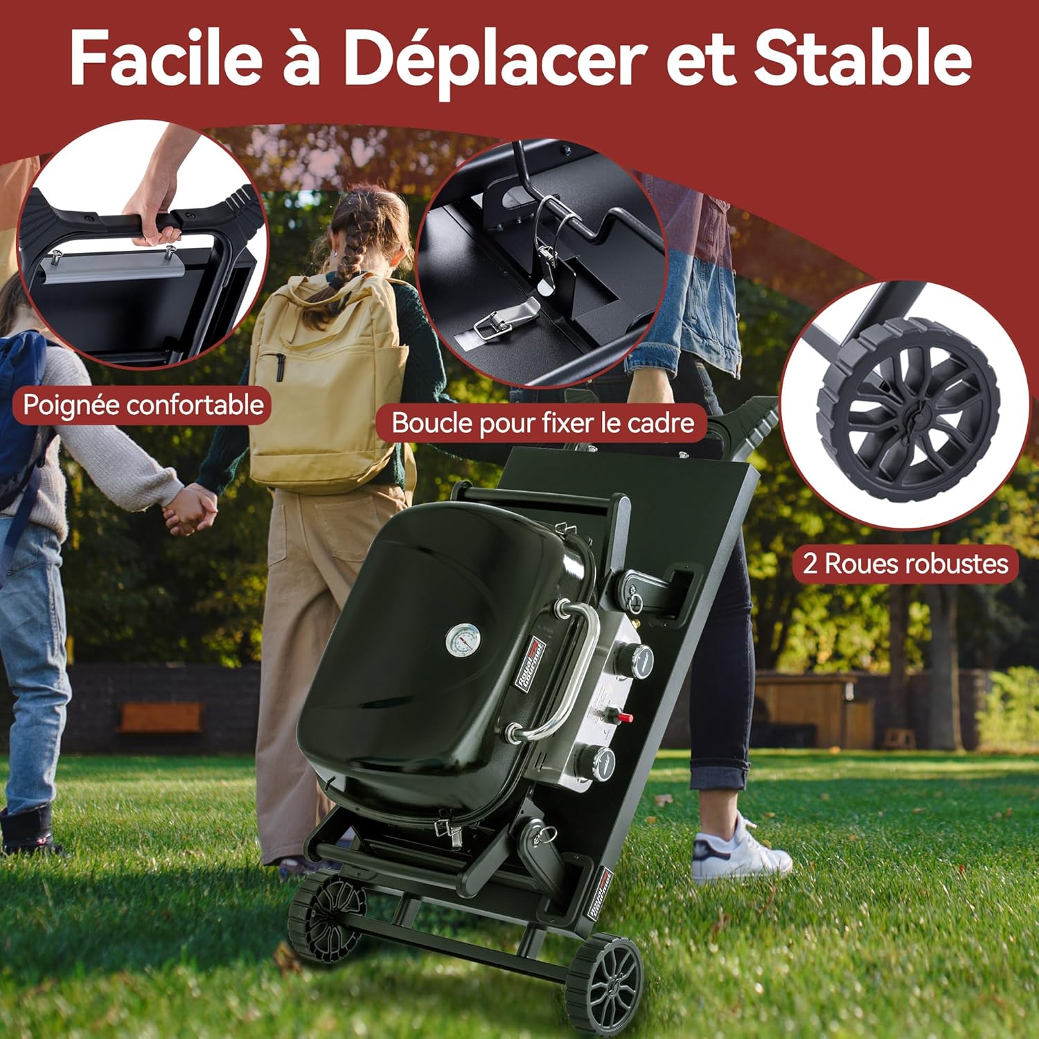 etezen - barbecue gaz portable - 48x37 cm - 2 brûleurs, tables pliantes, chariot détachable, 5kW