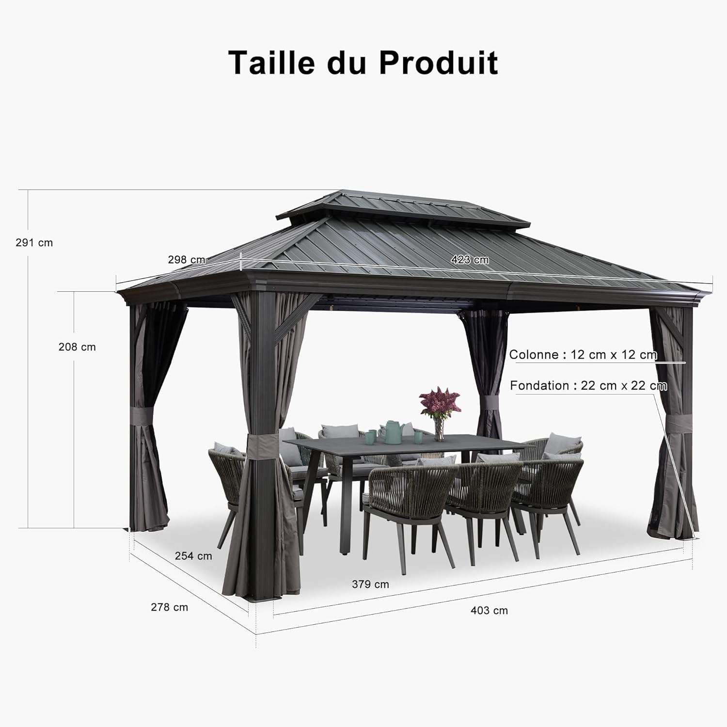 etezen - tonnelle aluminium - 4,25x3 m - éclairage, rideaux, gouttière, poteaux renforcés