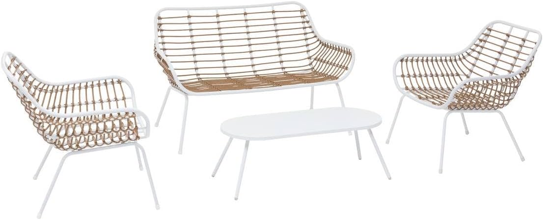 etezen - Paopao Salon de Jardin - 4 places - acier epoxy, pieds ajustables - Blanc et Beige