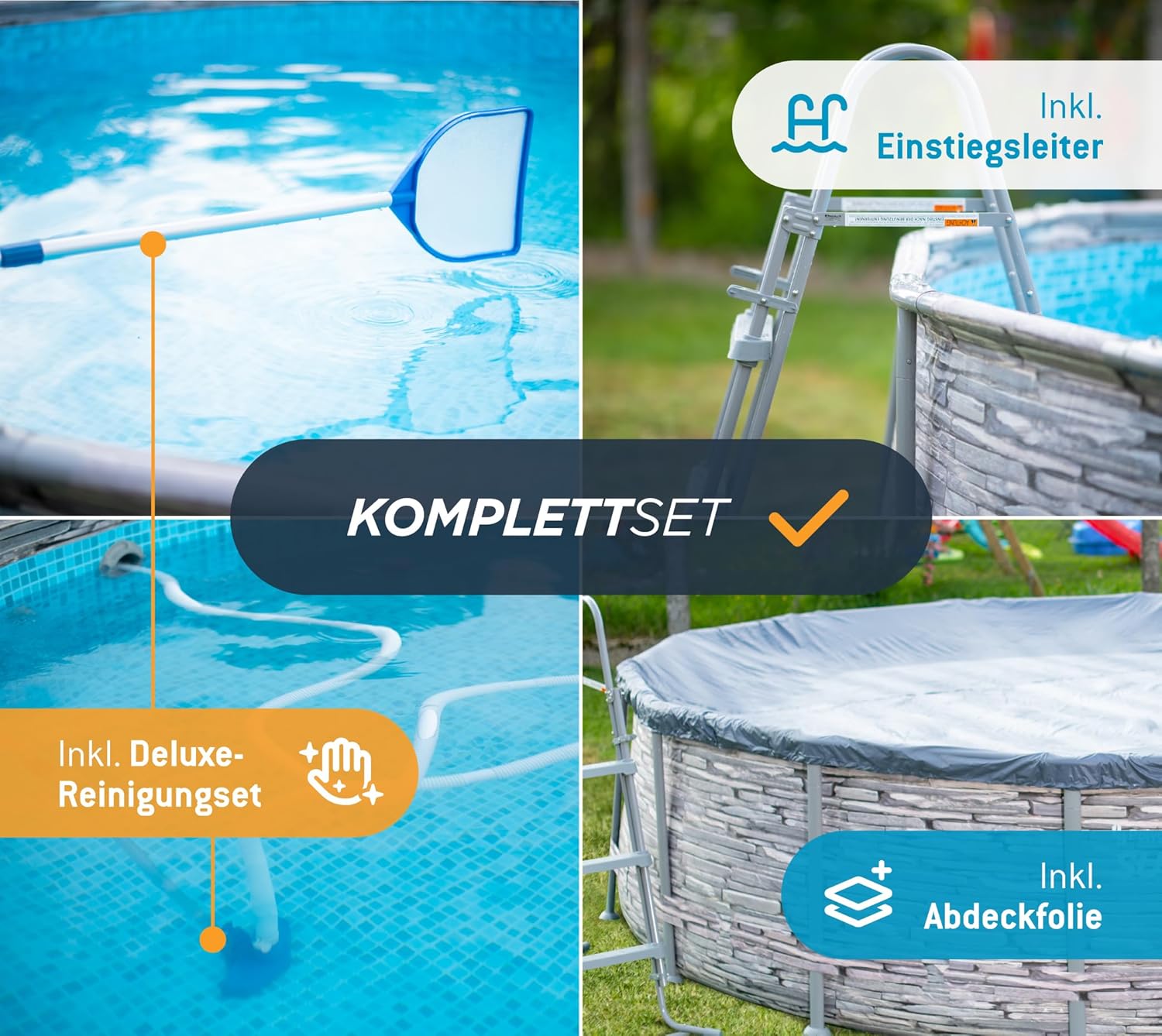 etezen - Frame Pool Kit rond - 427x107 cm - aspect pierre grise, pompe à filtre