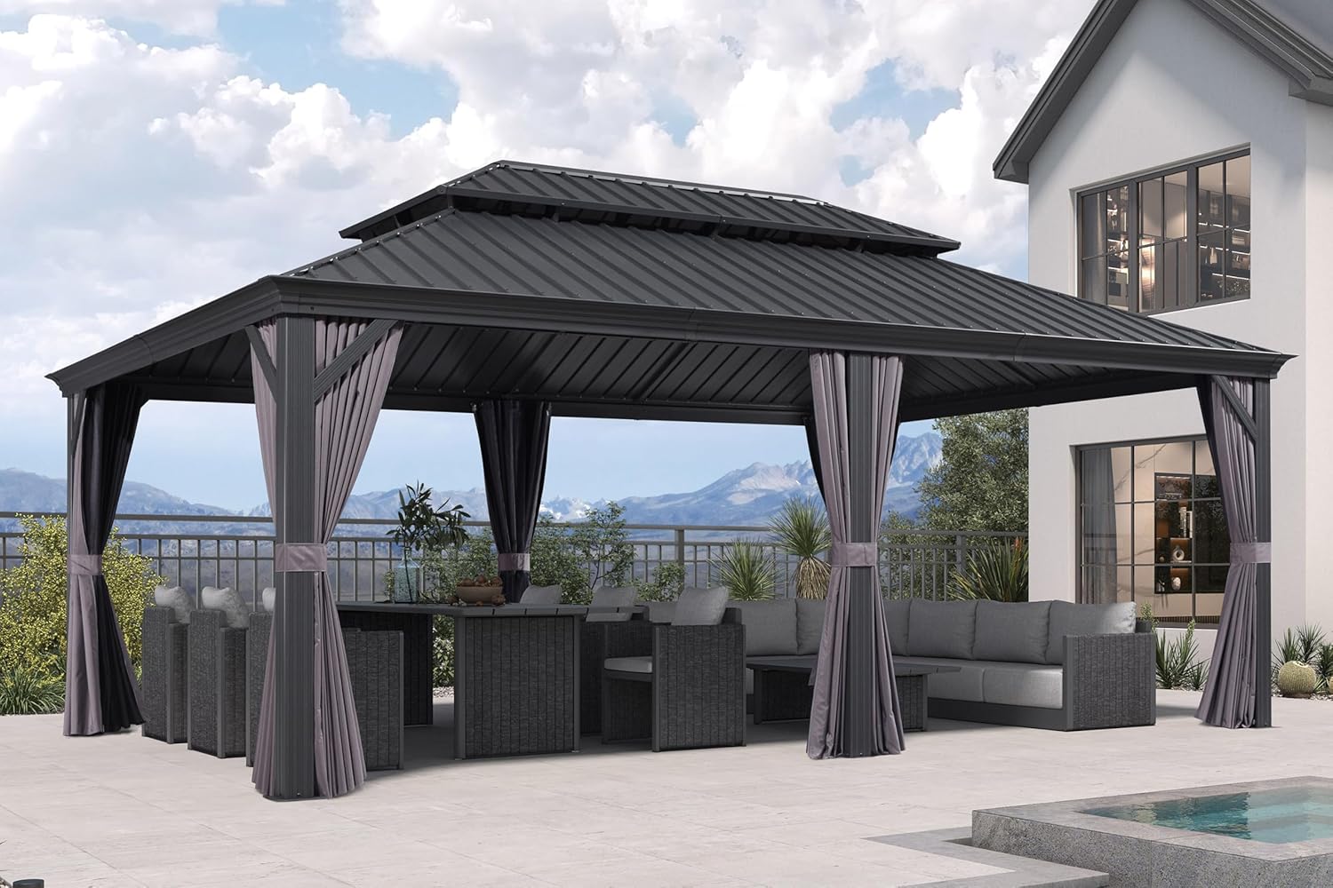 etezen - Pergola Série Extérieur - 6x4m - Toit acier, moustiquaire, rideaux, gouttière