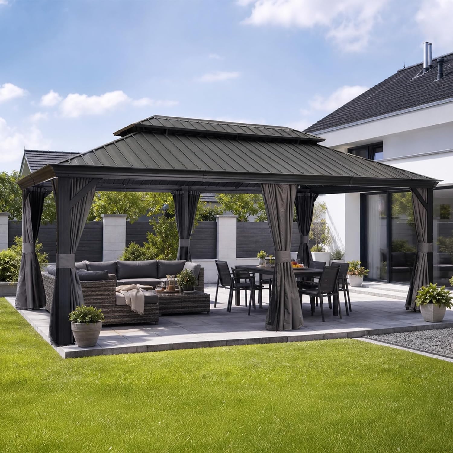 etezen - Pergola double toit acier - 6x3,65m - moustiquaire, rideaux, gouttière, poteaux renforcés