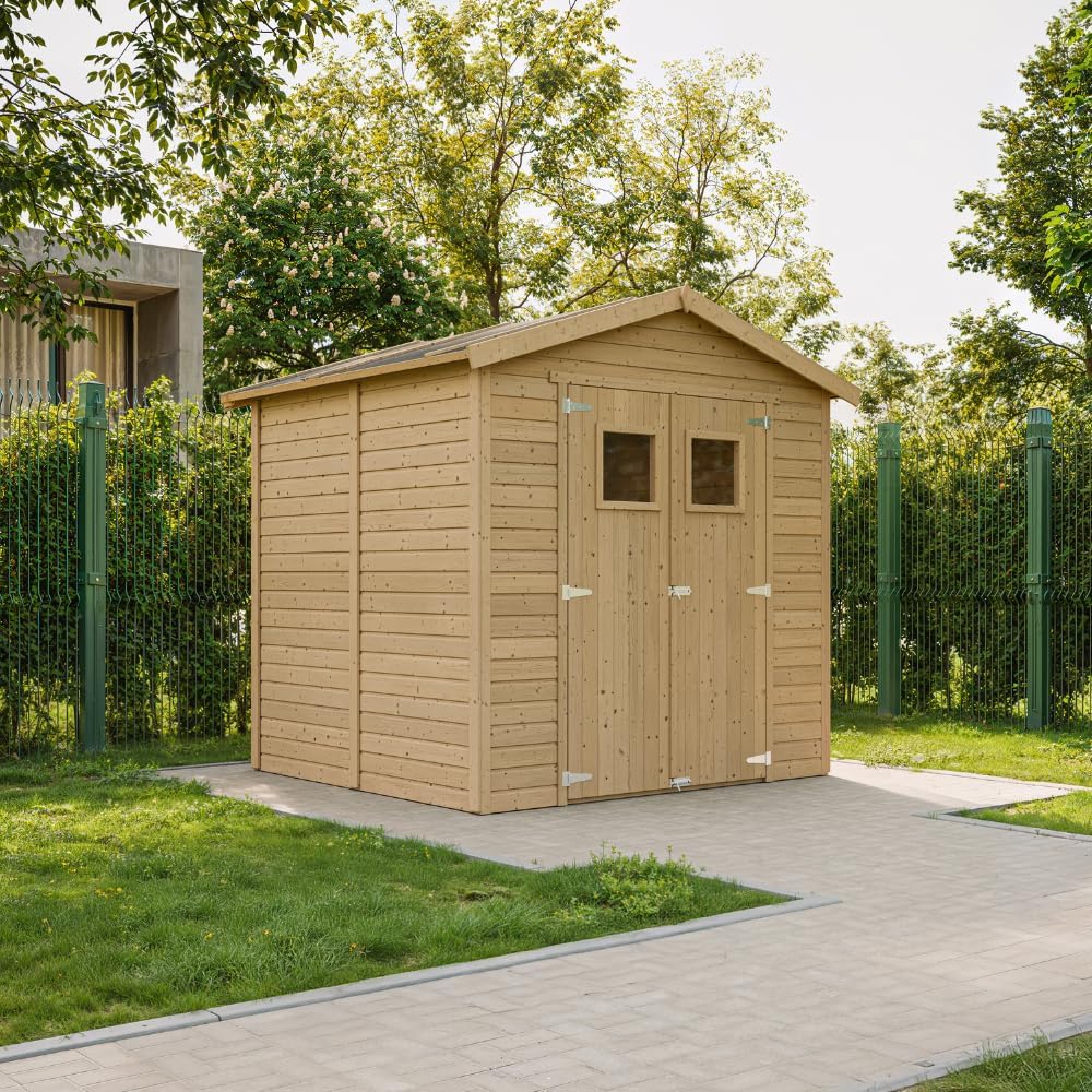 Abri de Jardin en Bois Naturel - Stockage extérieur avec fenêtres H228x222x233 cm/4,2 m² Hangar en Bois Naturel - Atelier Rangement Outils et vélos- etezen M351
