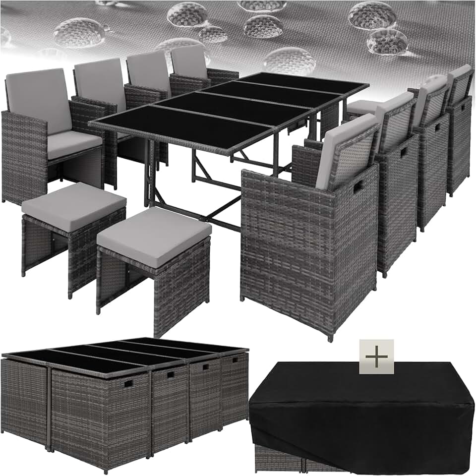 etezen - Salon Résine Tressée, 8 chaises, 4 tabourets, table, gris