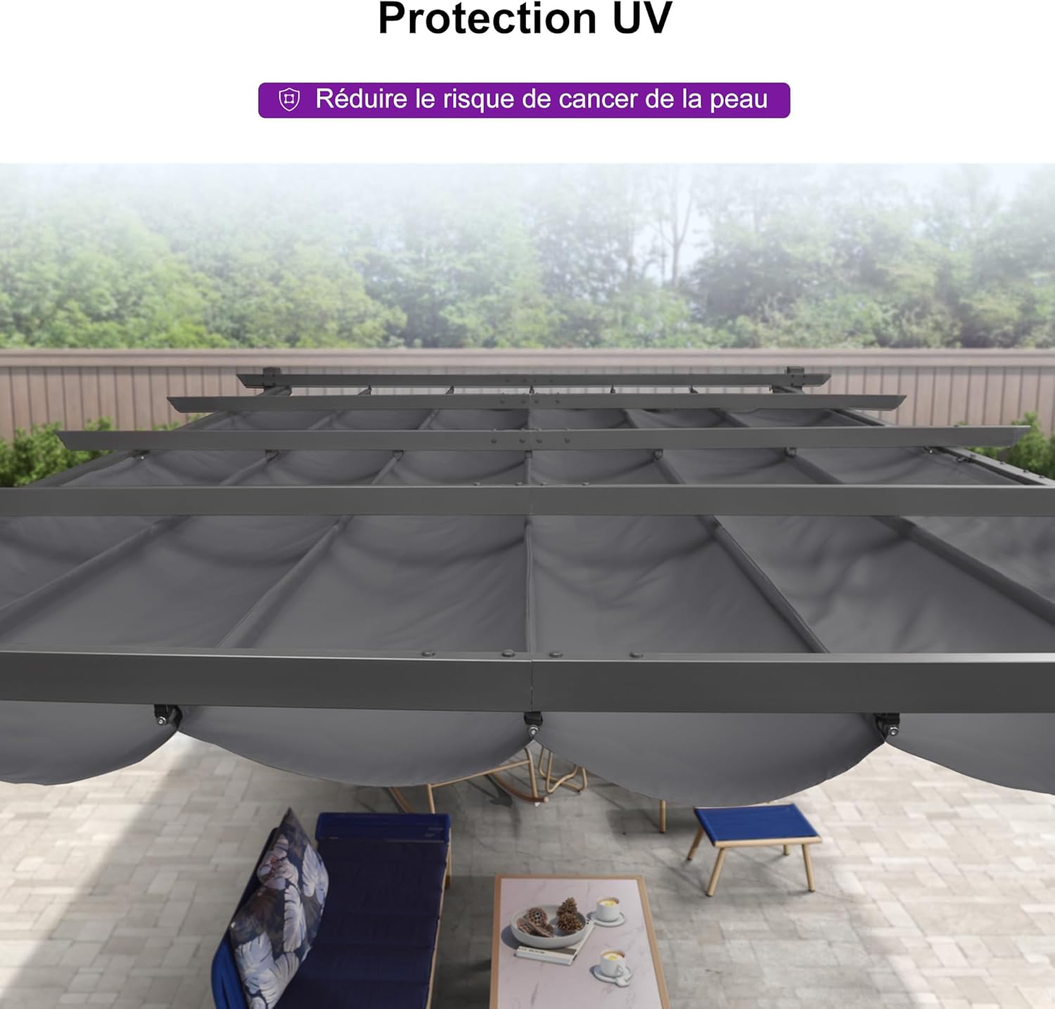 etezen - Pergola murale série aluminium 4x2,7m toit coulissant, tissu teint, gris