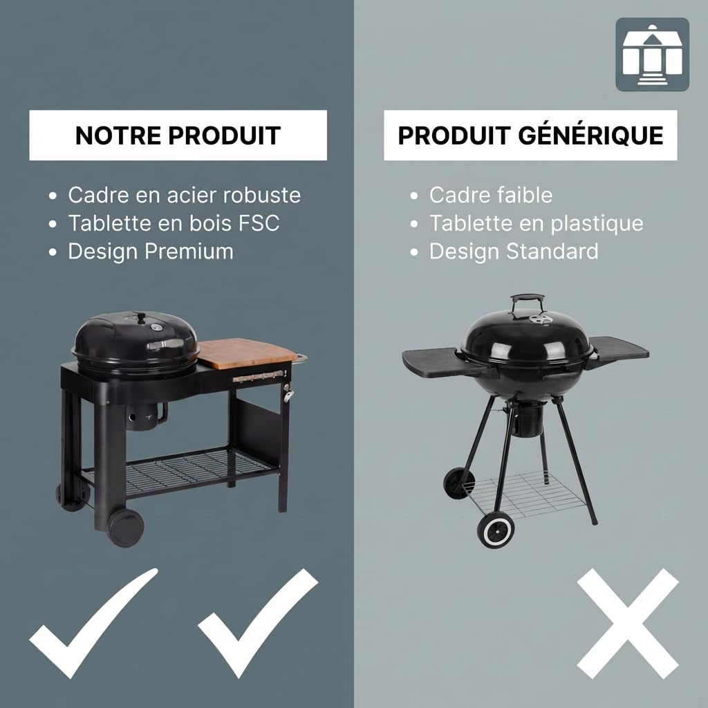 etezen - Barbecue Calgary - acier/bois - couvercle thermomètre, tablettes, 2 roues, noir
