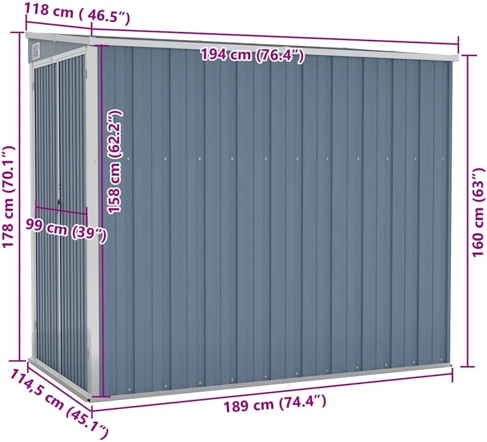 etezen Abri de Jardin Mural Gris 118x194x178 cm Acier galvanisé,Maison & Jardin, Pelouses & Jardins, Vie en extérieur, Structures extérieures, Cabanes & abris de Jardin, Gris (Poids 31.54KG)