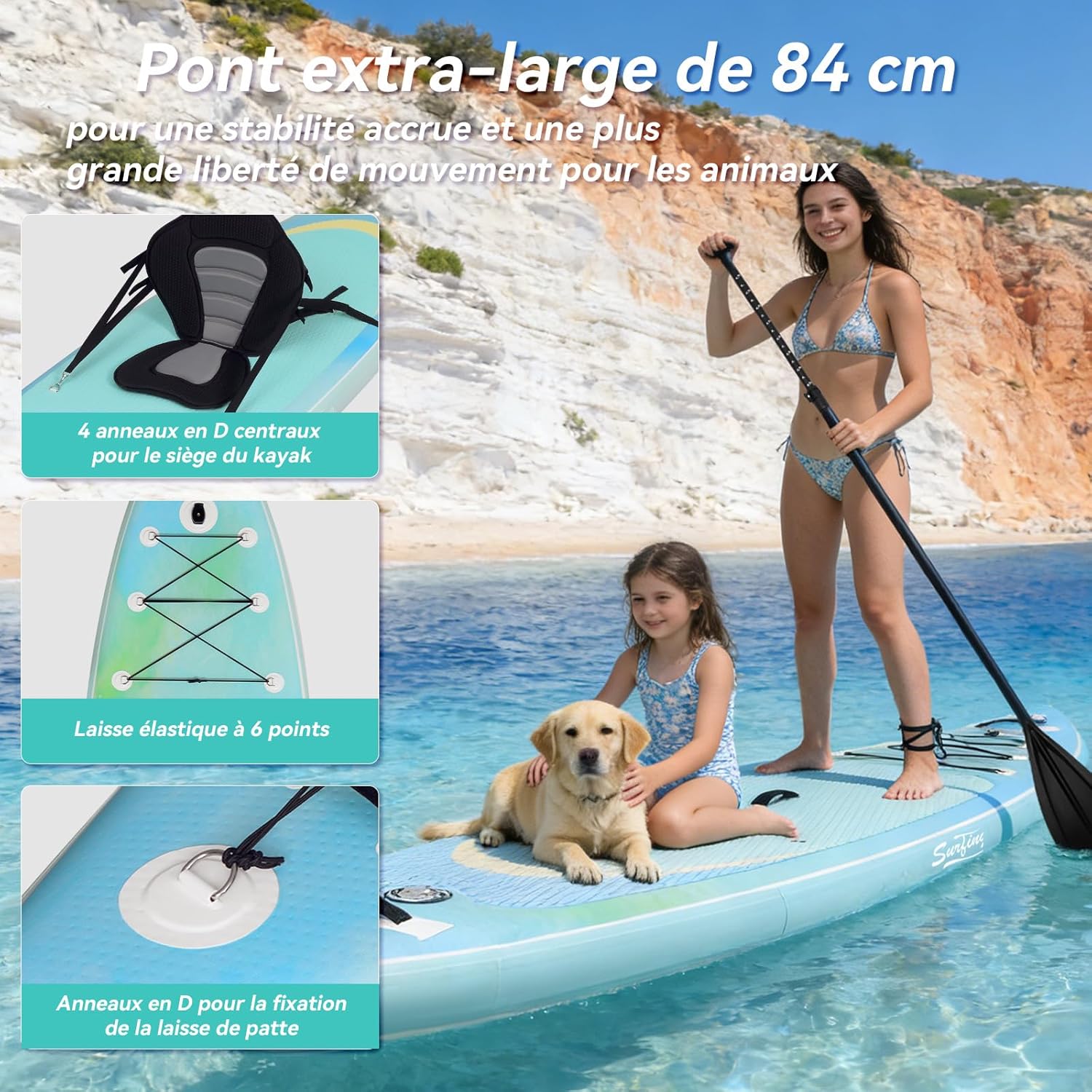 etezen - paddle gonflable adulte - 320/335cm - 2 places, siège kayak, pagaie alu, support caméra, pompe, 150 kg