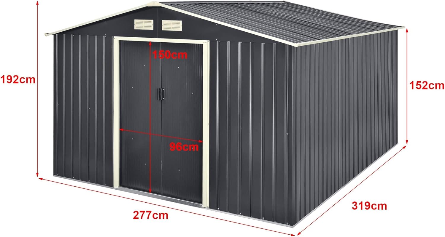 etezen Abri de Jardin 15 m³ Robuste Cabane de Stockage Extérieur Cabane à Outils Toit à Pignon Tôles en Acier Galvanisées Gris Foncé