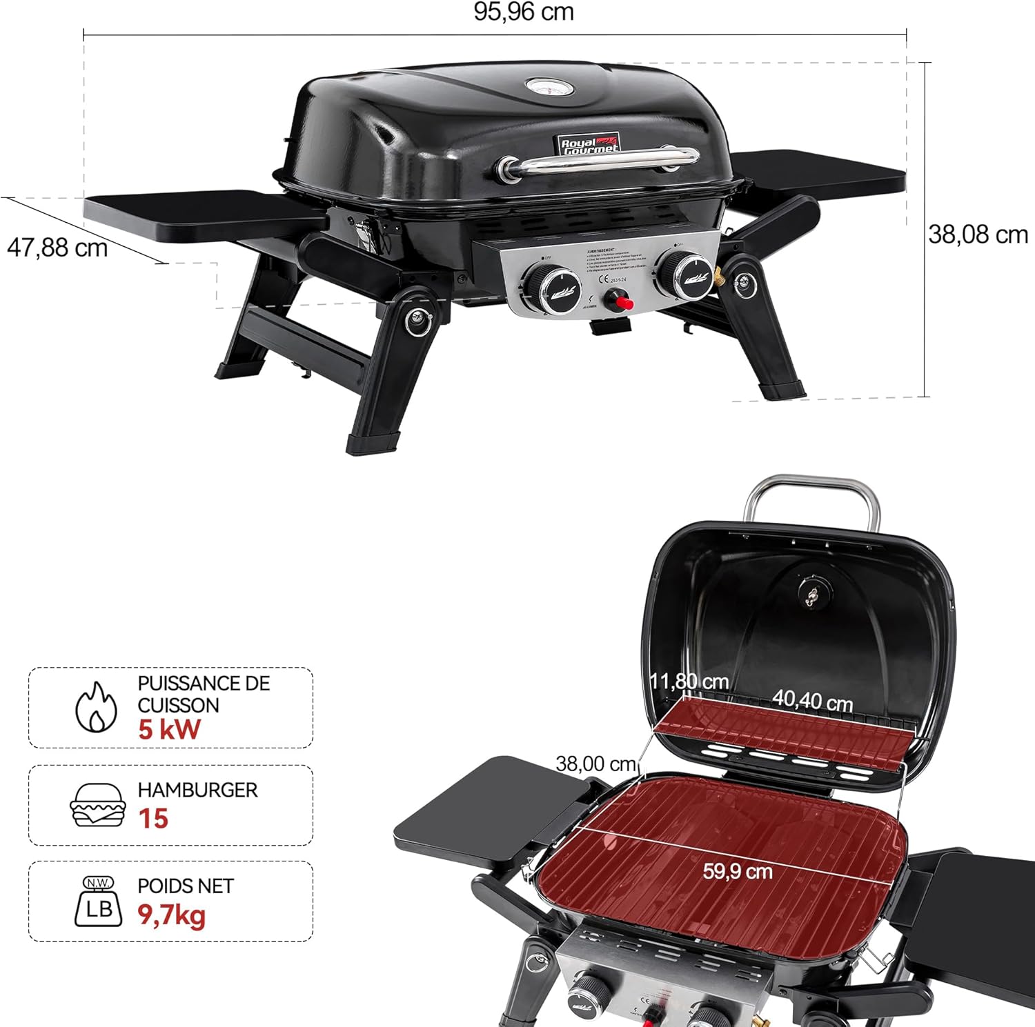 etezen - Barbecue Gaz 2 brûleurs - 48x37 cm - tables pliables, 5kW