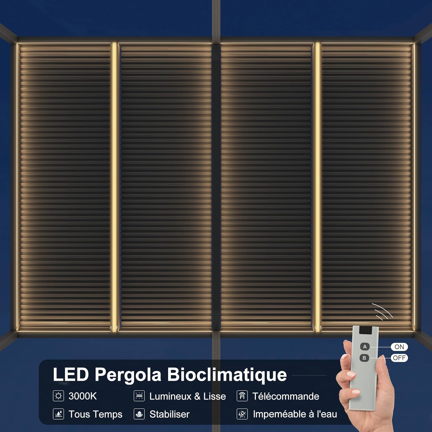 etezen - Pergola bioclimatique - 6 x 3,68 m - alu, LED, gouttières, gris