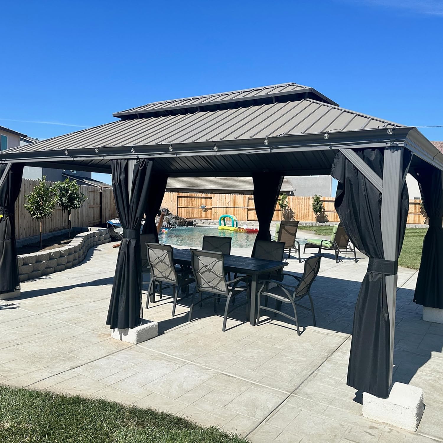 etezen - Pergola double toit aluminium 3,65x6m rideaux LED, Gris -
