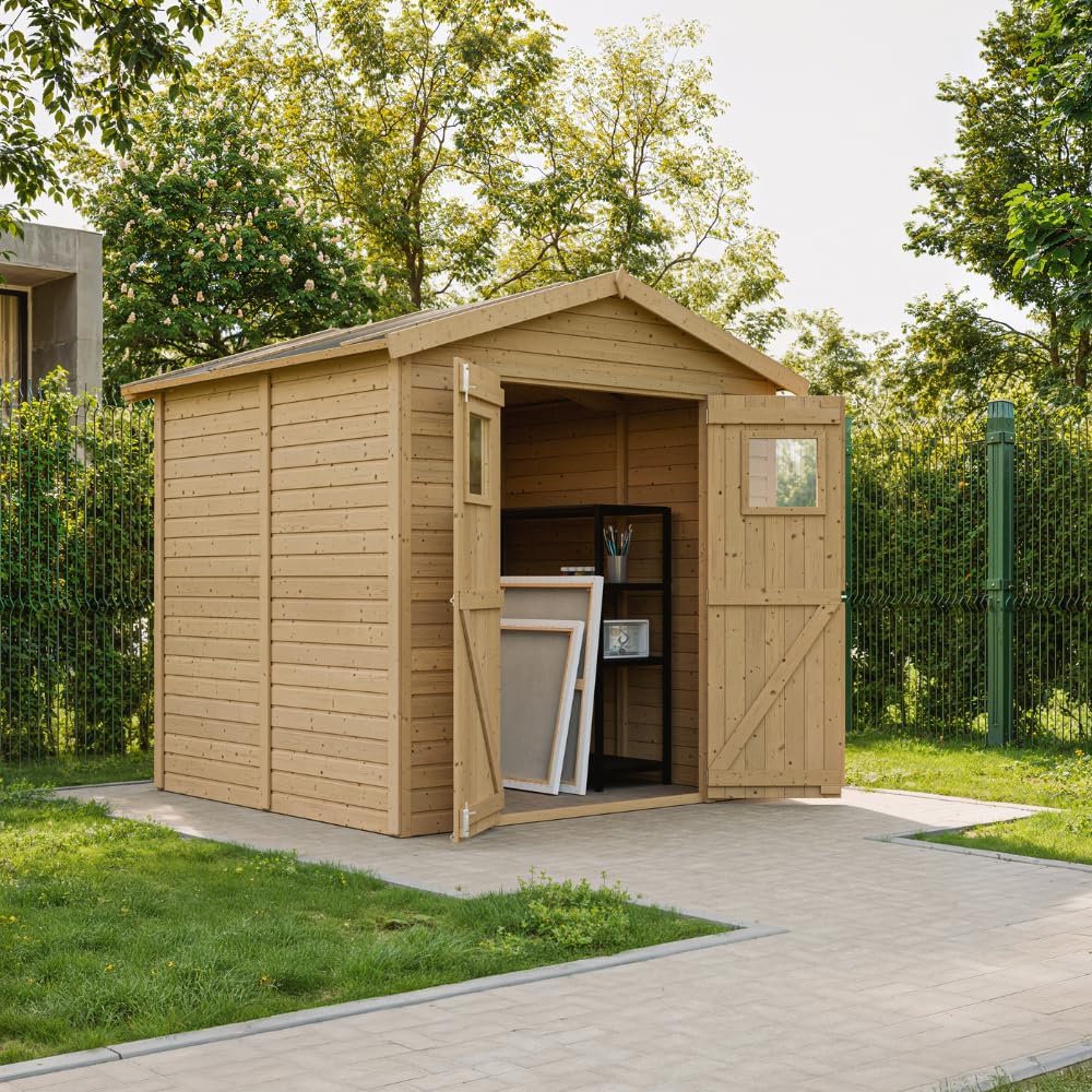 Abri de Jardin en Bois Naturel - Stockage extérieur avec fenêtres H228x222x233 cm/4,2 m² Hangar en Bois Naturel - Atelier Rangement Outils et vélos- etezen M351