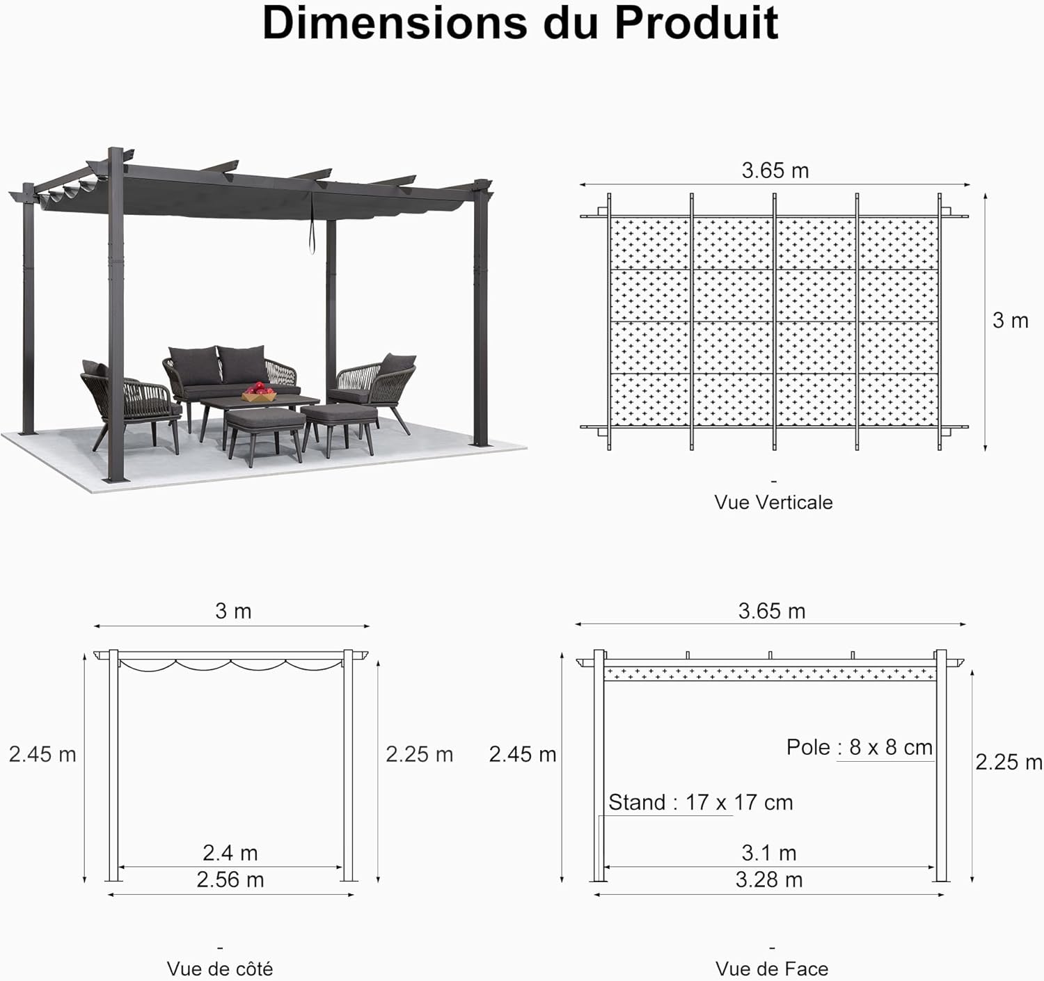 etezen - pergola aluminium - 3,65x3m - toit rétractable LED, tissu gris