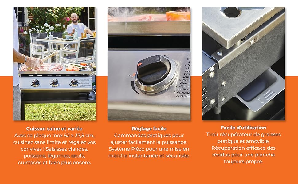 Plancha Cadix 3 feux Plaque inox etezen