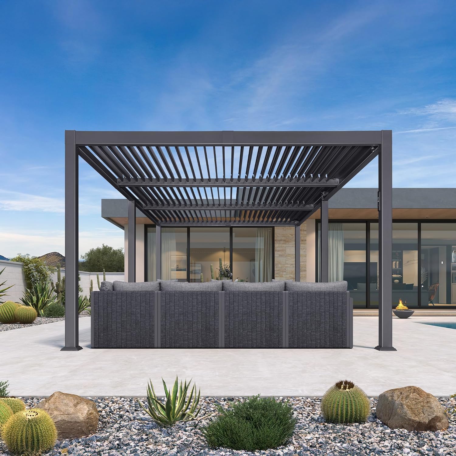 etezen - pergola bioclimatique - 3,5x6,35m - lames LED alu gris