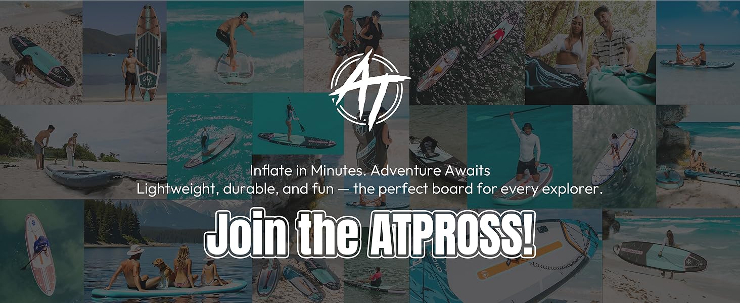 Collage d'activités nautiques mettant en vedette des paddleboards. Le logo central et le texte font la promotion des planches à pagaie gonflables « etezen », mettant l'accent sur les caractéristiques légères, durables et amusantes des loisirs nautiques