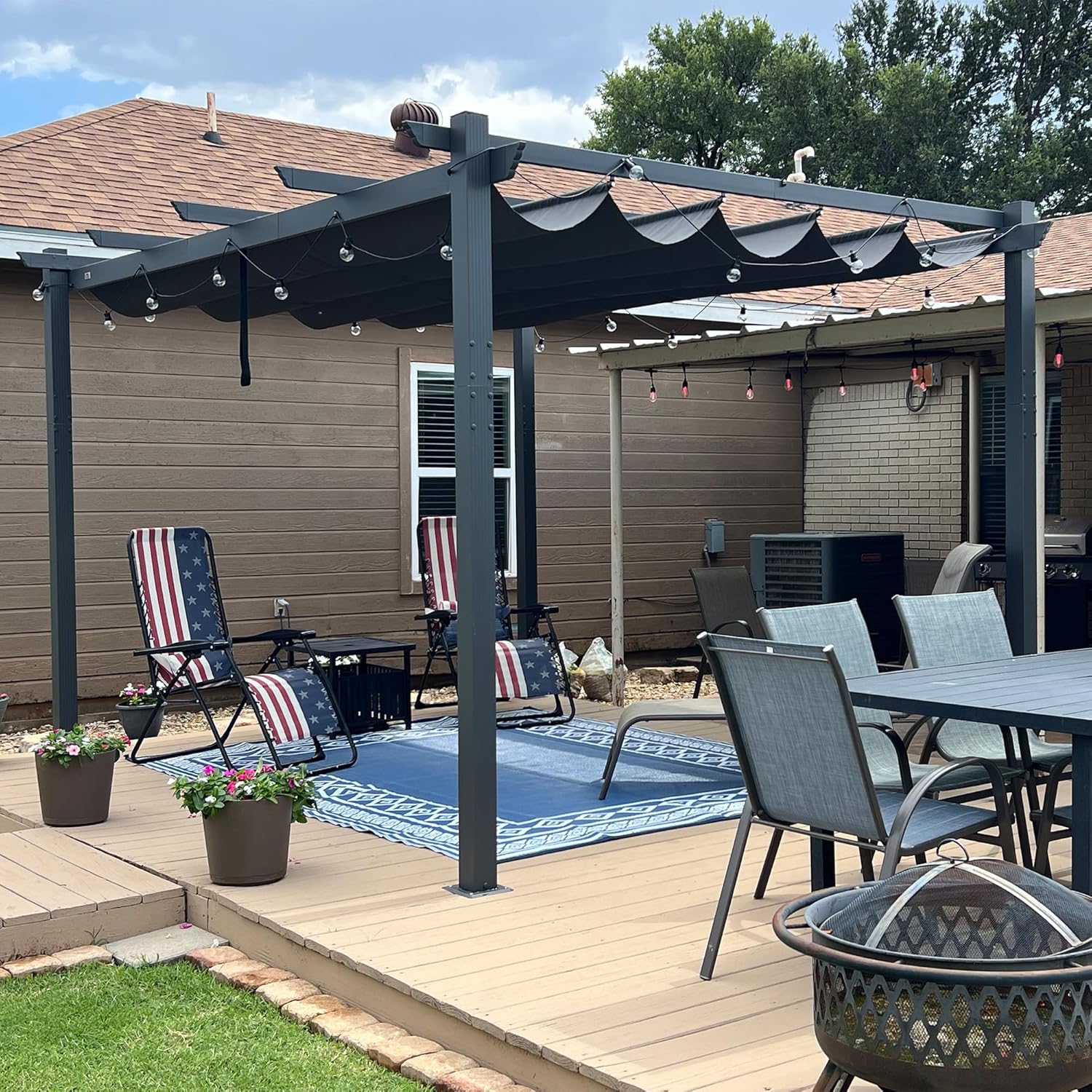 etezen - Pergola LED série - 4x3 m - aluminium, toit rétractable, tissu teinté