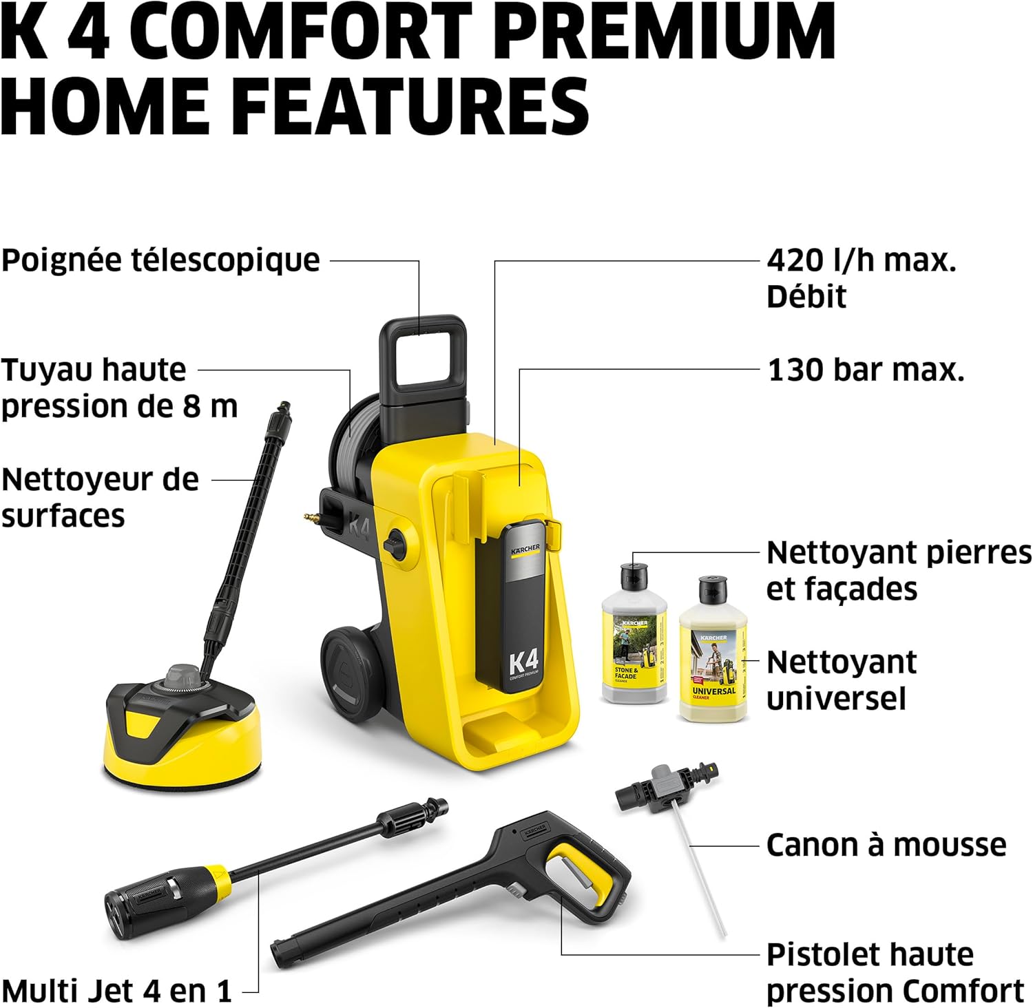 etezen - K 4 Comfort Premium Home - 130 bar, 420 l/h, 30 m²/h, enrouleur, 4 jets