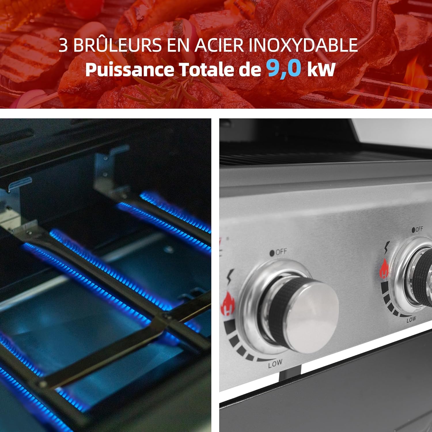 etezen – BBQ Gaz 3 brûleurs – 9kW – chariot, capot, grilles, jardin