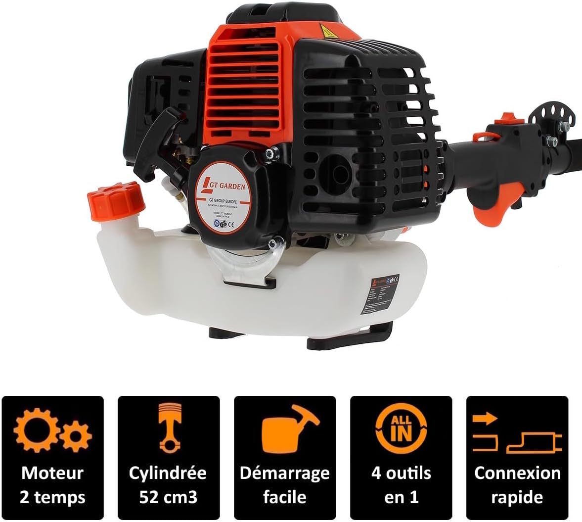 etezen - multifonction 4 en 1 thermique - 3 outils + rallonge - tronçonneuse, débroussailleuse, taille-haies