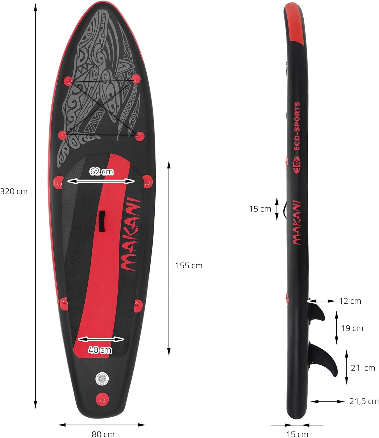 etezen - Stand Up Paddle Board - 305/308/320/380 cm - PVC, 120/150 kg, 10/15 cm d'épaisseur