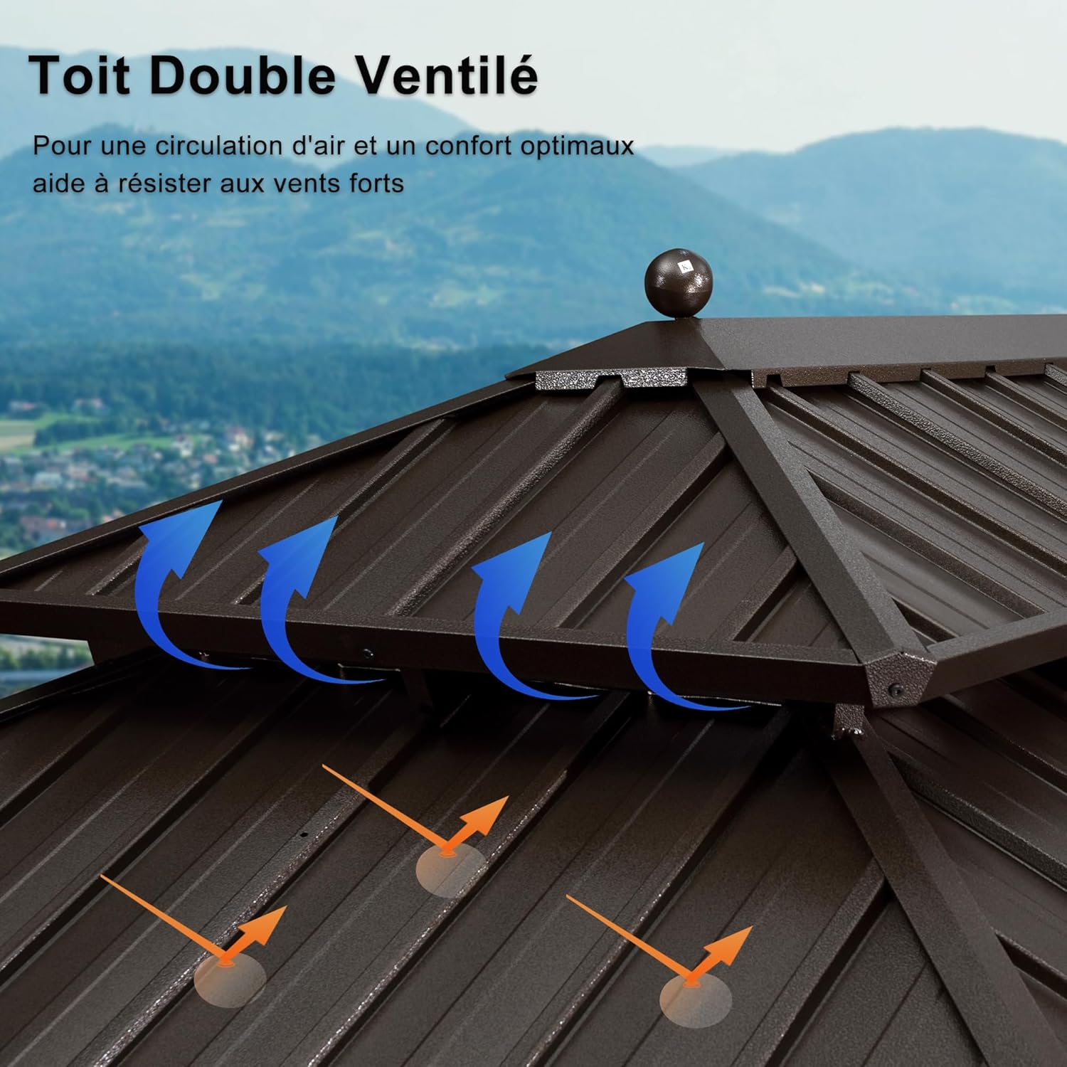 etezen - tonnelle jardin extérieur - 6x3,65m - alu, éclairage, rideaux, gouttière, poteaux renforcés, bronze