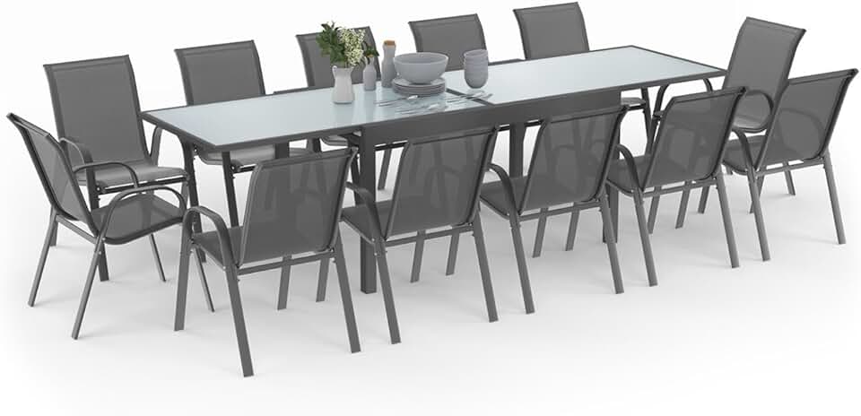 etezen - Madrid salon jardin, table extensible 135-270 cm, 12 chaises empilables, gris anthracite